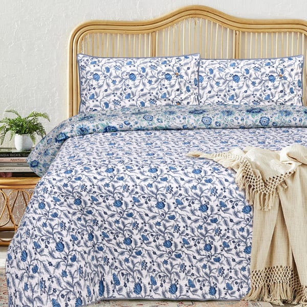 Reversible Cool Blue Cotton Double Bedcover & Quilt