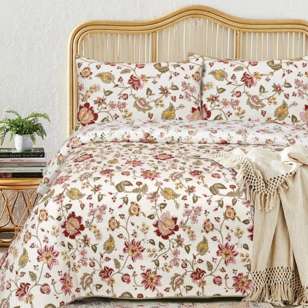 Reversible Garden Block Printed Cotton Double Bedcover & Quilt