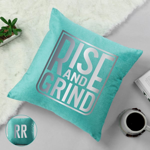 Rise And Grind Velvet Cushion - Personalized -Turquoise