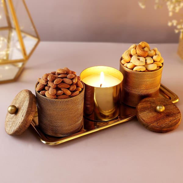 Roasted Dry Fruits In Metal Containers With Tray