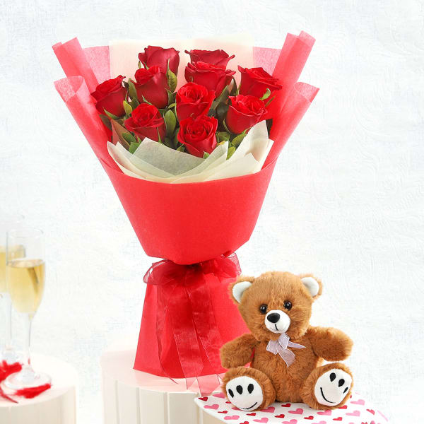 Romantic Red Roses with Teddy