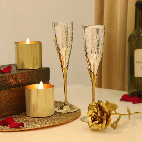 Romantic Valentine Hamper With Silver Plated Champagne Flutes