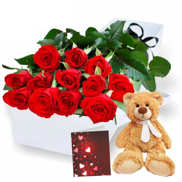 Rose Gift Box with Teddy Bear