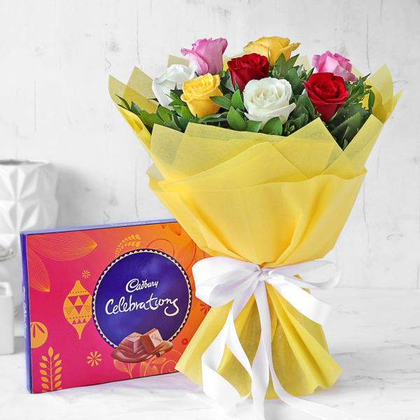 Roses From A Rainbow With Assorted Chocolates Box