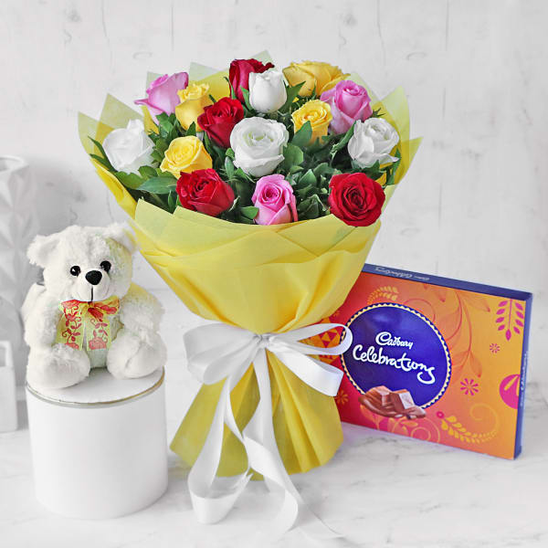 Roses From A Rainbow With Assorted Chocolates Box And Teddy