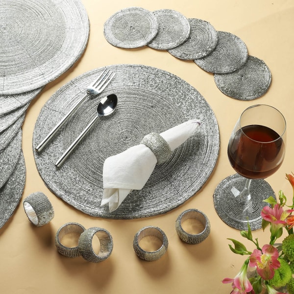 Round Charger Placemats With Coasters And Napkin Rings - Silver (Set of 6+6+6)