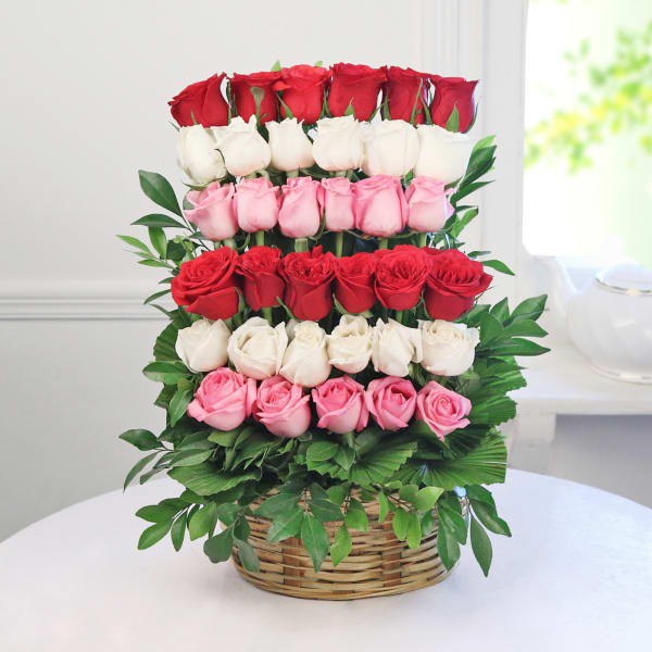 Round Handle Basket of 35 Mixed Roses