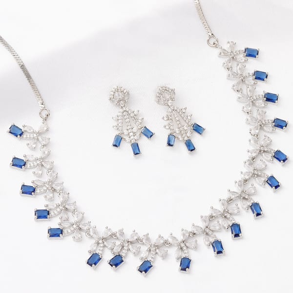Royal Blossom - Sapphire Blue Floral CZ Necklace With Earrings