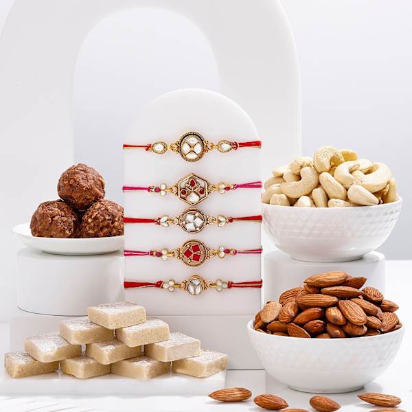 Royal Elegance Rakhi and Sweet Combo - Set of 5