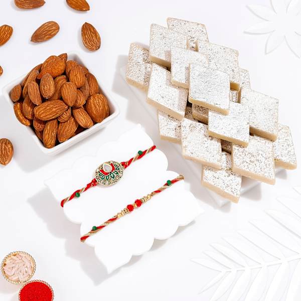 Royal Lotus Rakhi With Kaju Katli And Almond Treat
