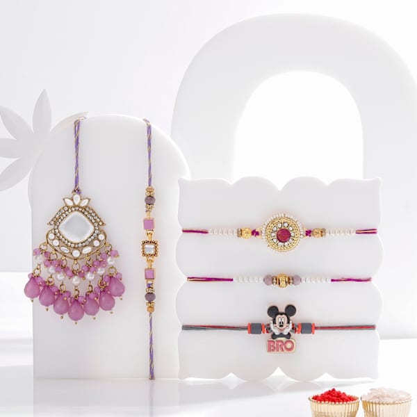 Royal Purple Bhaiya Bhabhi And Kids Rakhi Set