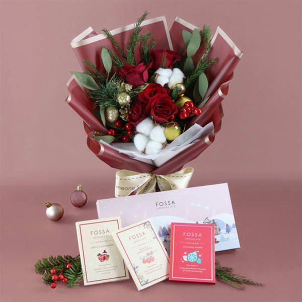 Ruby Red Yuletide Bouquet With Fossa Chocolate