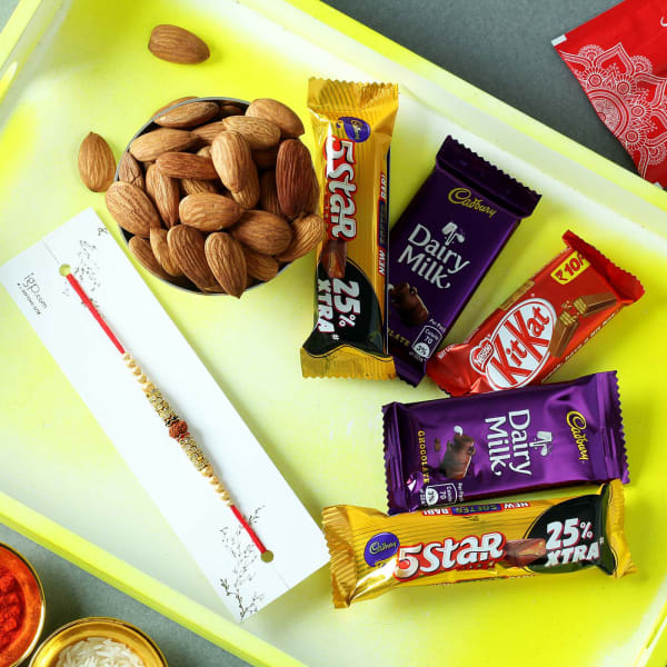 Rudraksh Rakhi with Chocolates & Almonds in Gift Bag
