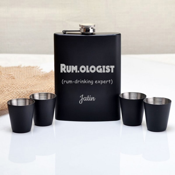 Rumologist Personalized Hip Flask And Shot Glasses Set