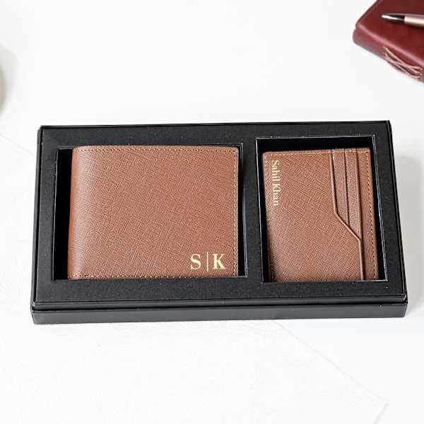 Saffiano Leather Personalized Wallet And Cardholder Set - Dark Tan