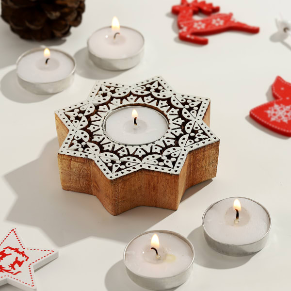 Sanganeri Wooden Block Floral Designer Tea Light Holder With 5 Tea Light Candles