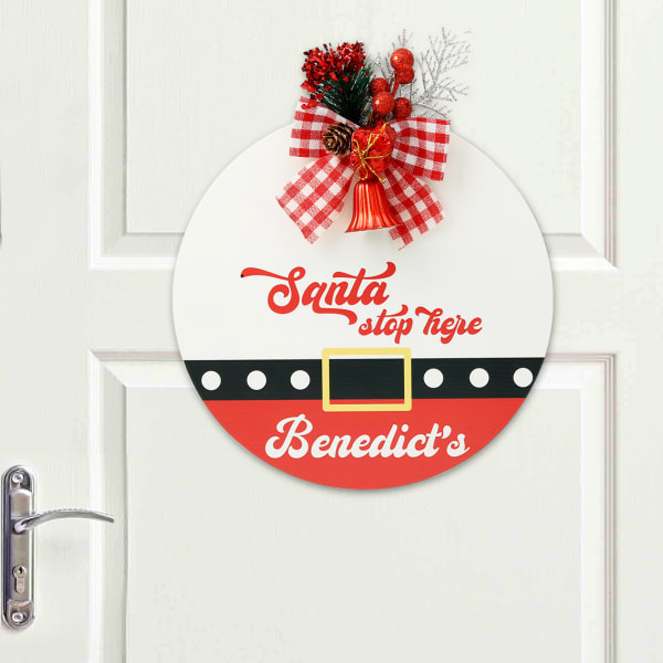 Santa Stop Here Personalized Wooden Door Sign With Bow