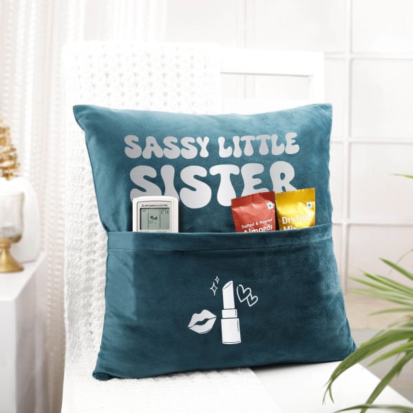 Sassy Little Sister Personalized Velvet Pocket Cushion - Blue