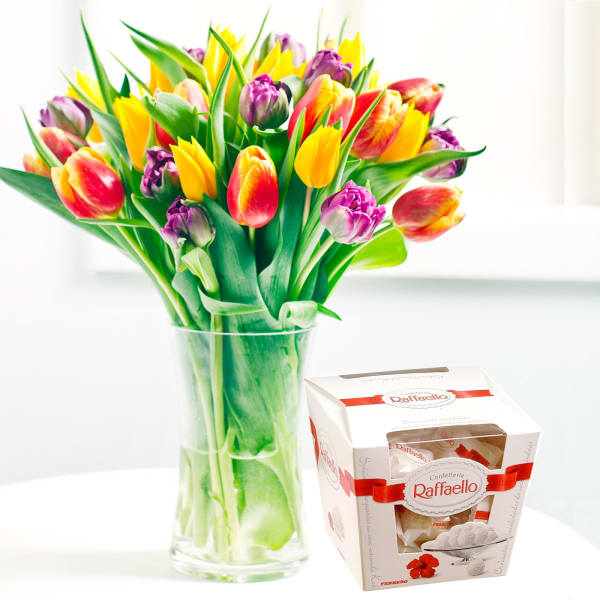 Seasonal bouquet of tulips and Raffaello candies