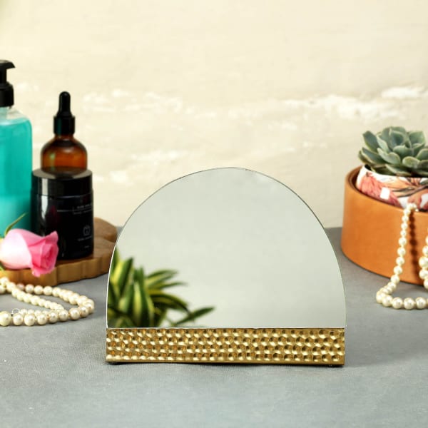 Semi Circle Mirror in Brass Hammered Base