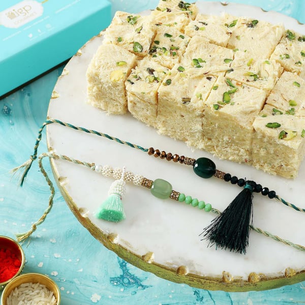 Semi-Precious Stone Rakhi Set Of 2 With Soan Papdi