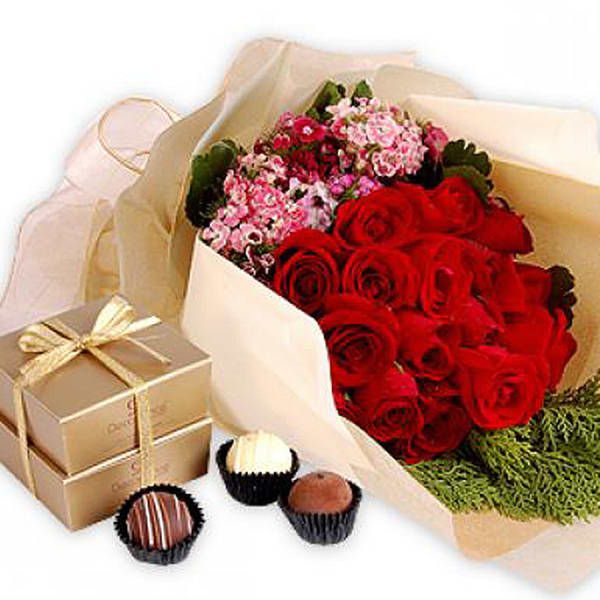 Sensuous Freya - Red Roses Hand Bouquet with Decadence Chocolates