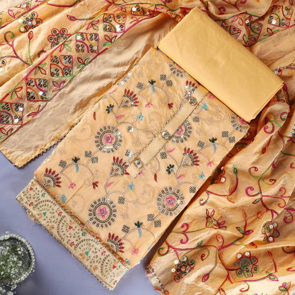 Sequin Zari Embroidered Chanderi Dress Material