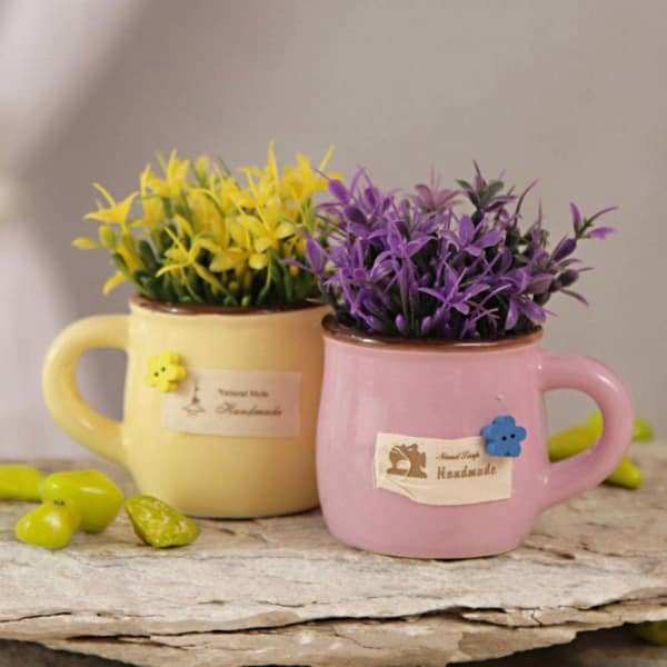 Set of 2 Artificial Plants in Colourful Ceramic Pots Gift/Send Home