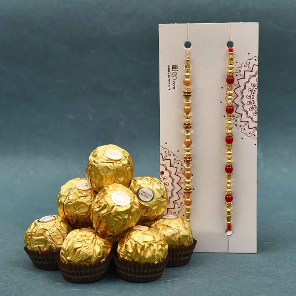 Set of 2 Beaded Rakhi with Ferrero Rocher Chocolates (16 pcs)