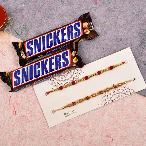 Set of 2 Beaded Rakhi with Snickers Chocolate (2 Pcs)