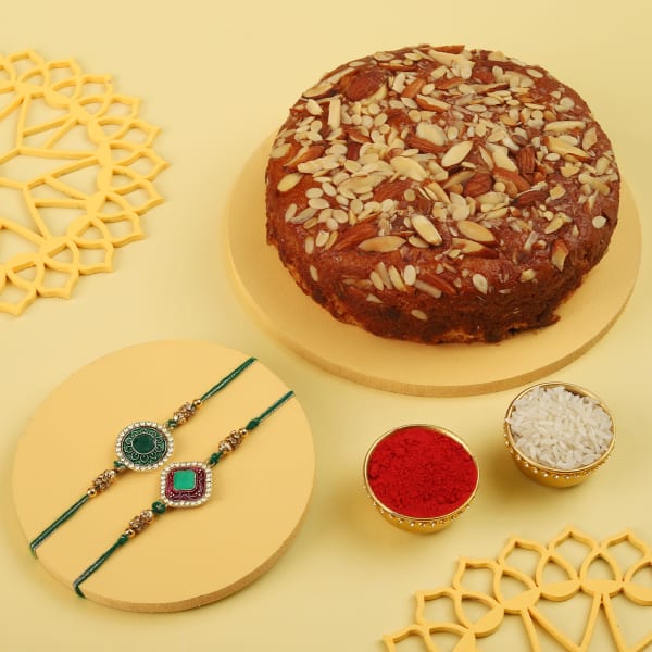 Set of 2 Beautiful Rakhis with Delcious Almond Cake