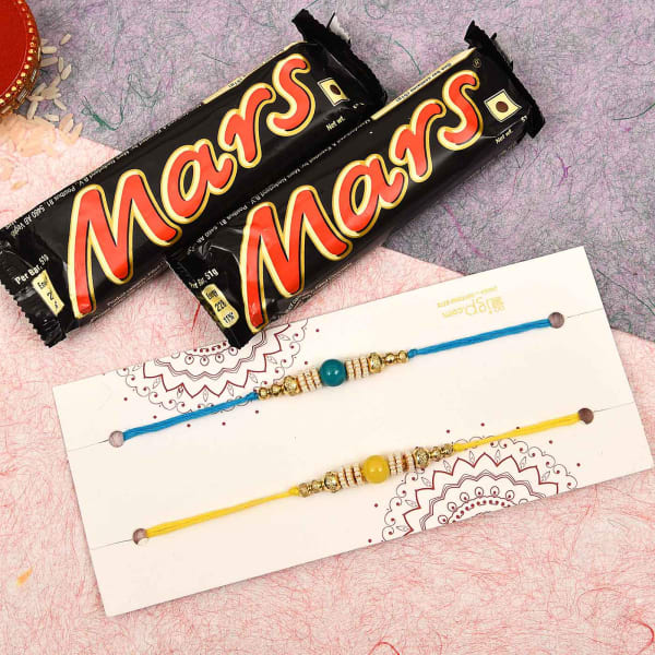 Set of 2 Colorful Pearl Rakhi with Mars Chocolates (2 Pcs)