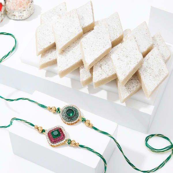 Set of 2 Green Jade & Cz Golden Zari Rakhi with Kaju Katli