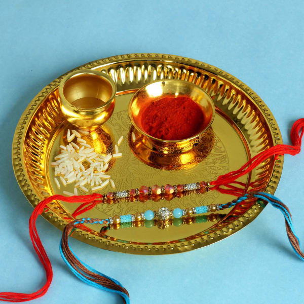 Set of 2 Kundan and Beads Rakhi in Puja Thali
