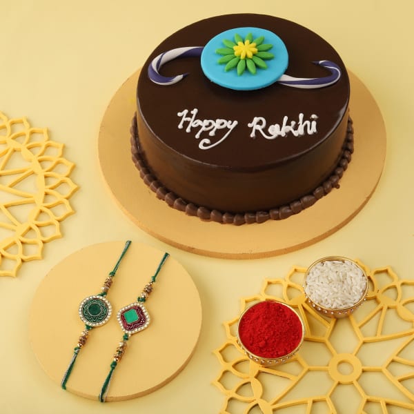 Set of 2 Rakhis with Classic chocolate cake