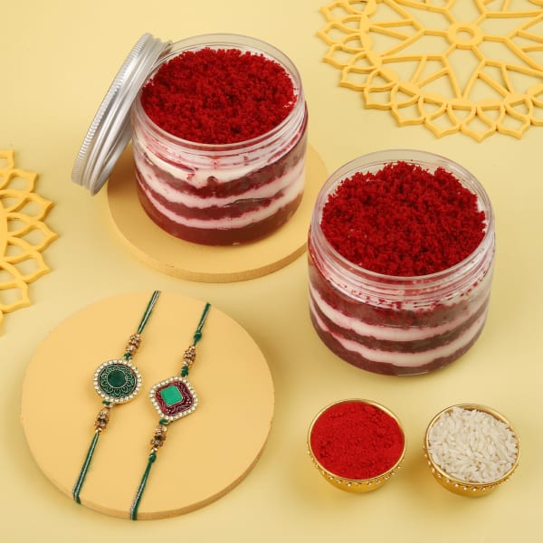 Set of 2 Rakhis with yummy Red Velvet Jar Cakes