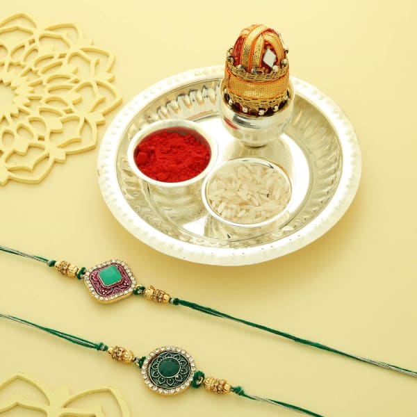 Set of 2 Semi Precious Jade Stone Rakhi with Silver Plated Puja Thali