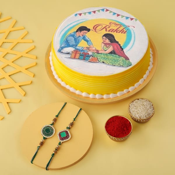 Set of 2 traditional rakhis with cake
