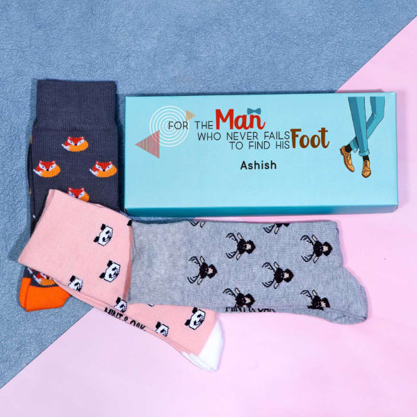 Set of 3 Animal Printed Socks in Personalized Gift Box