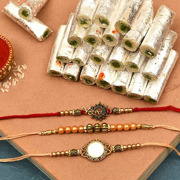 Set of 3 Antique Metallic Rakhi with Kaju Pista Roll