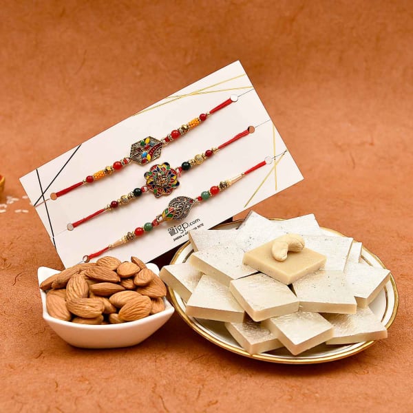 Set of 3 Antique Rakhi with Kaju Katli & Almonds