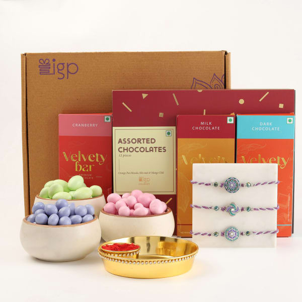 Set of 3 CZ and Sweets Rakhi Hamper
