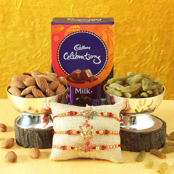 Set of 3 Meena Work Rakhi with Dry Fruits & Cadbury Celebrations