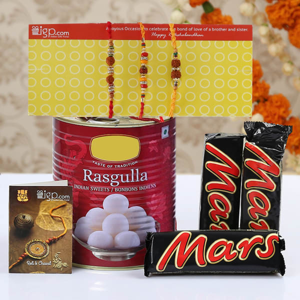 Set of 3 Rakhis With 1kg Rasgulla and 3 Bars of Mars Chocolates