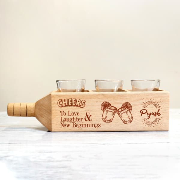 Set of 3 Shot Glasses with Personalized Wooden Holder