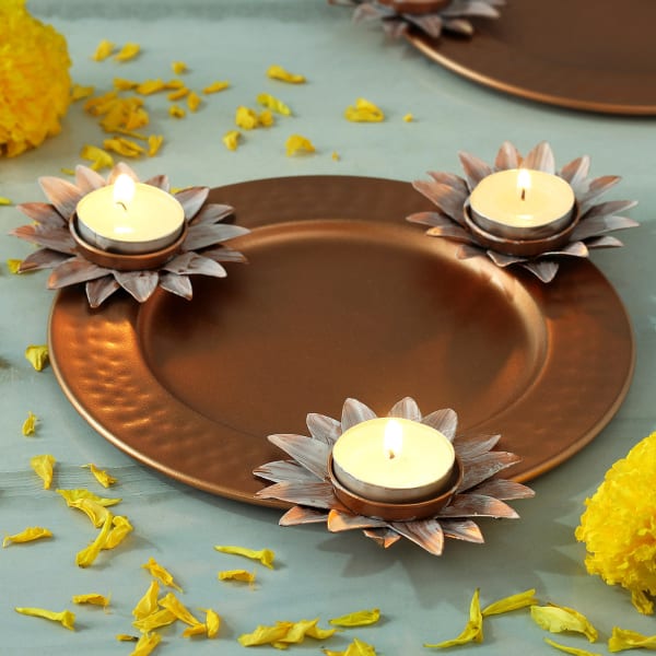 Buy/Send Set of 3 Tea Light Candle on Metal Platter Online IGP