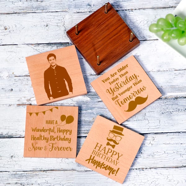 Set of 4 Personalized Birthday Square Coasters with Holder for Men