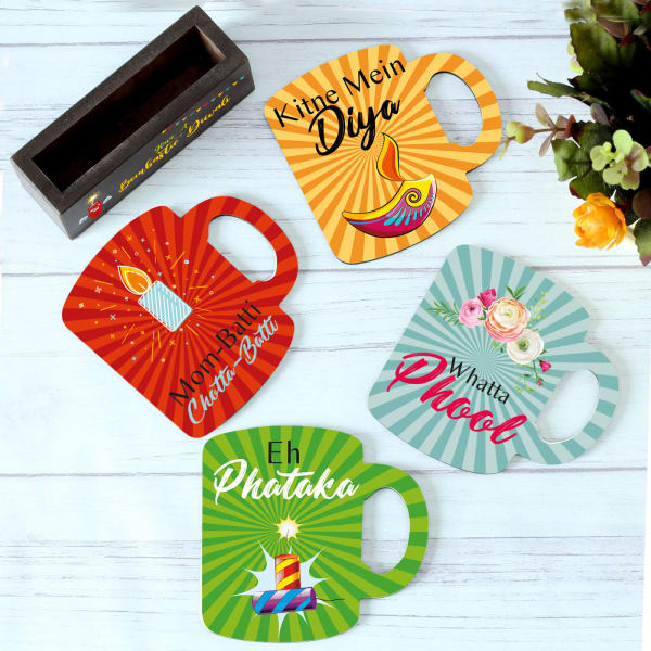 Set of 4 Quirky Diwali Coasters with Coaster Holder