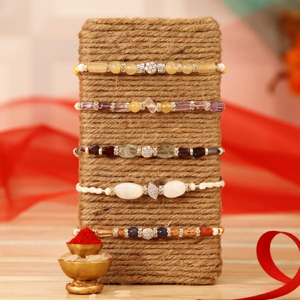 Set Of 5 Elegant Semi Precious Stone Rakhis Gift Send Rakhi Gifts