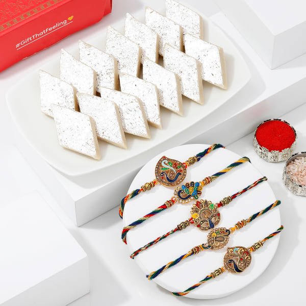 Set Of 5 Peacock Rakhi With Kaju Katli